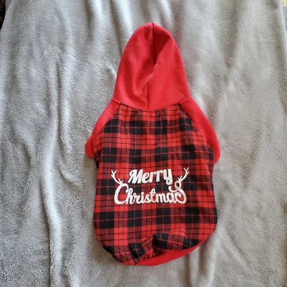 Pet Medium "Merry Christmas" Red Buffalo Check Hoodie - Picture 1 of 2